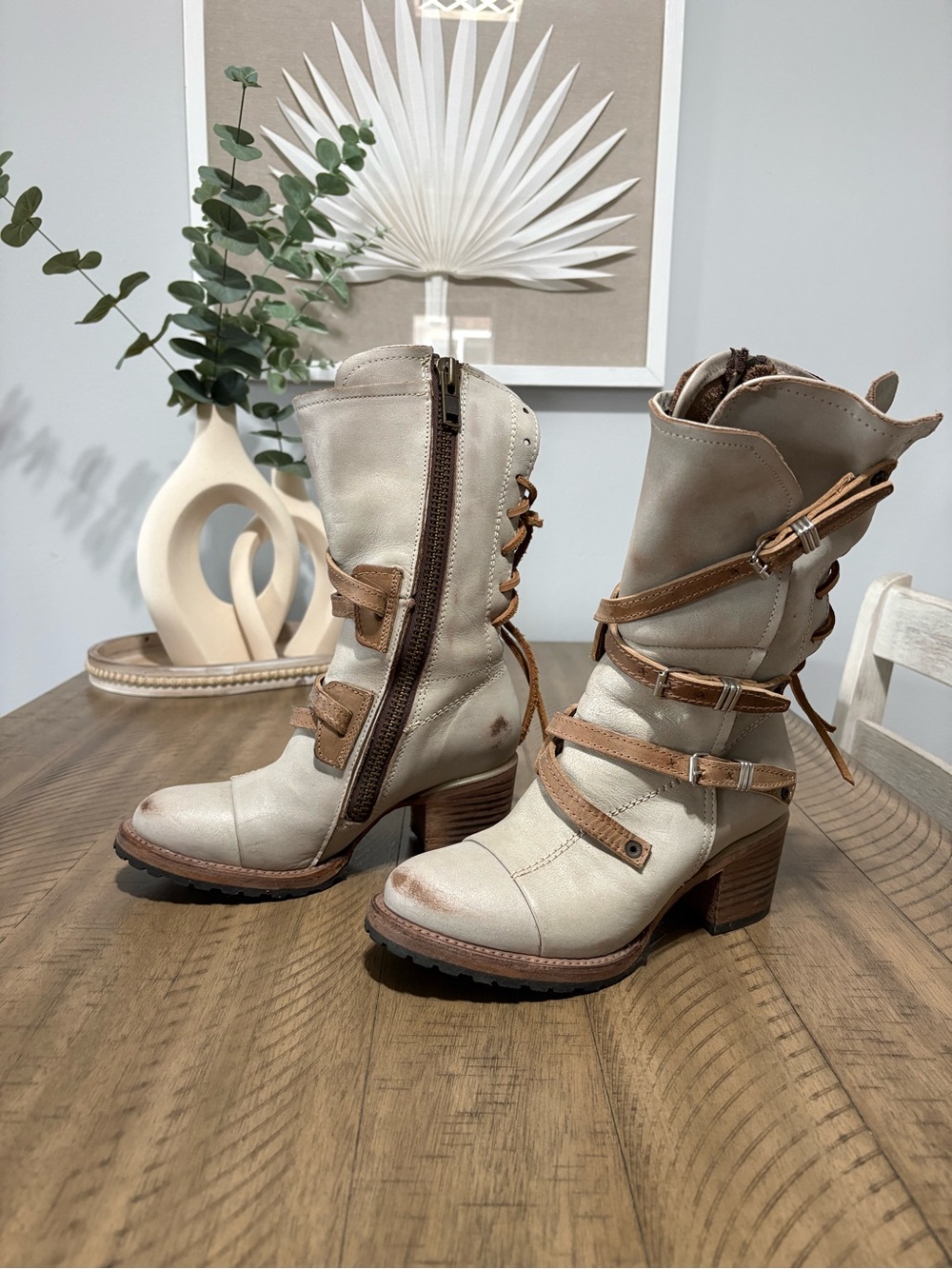 Freebird by Steven - Cora - Cream and Tan Lace-Up Heeled Boots